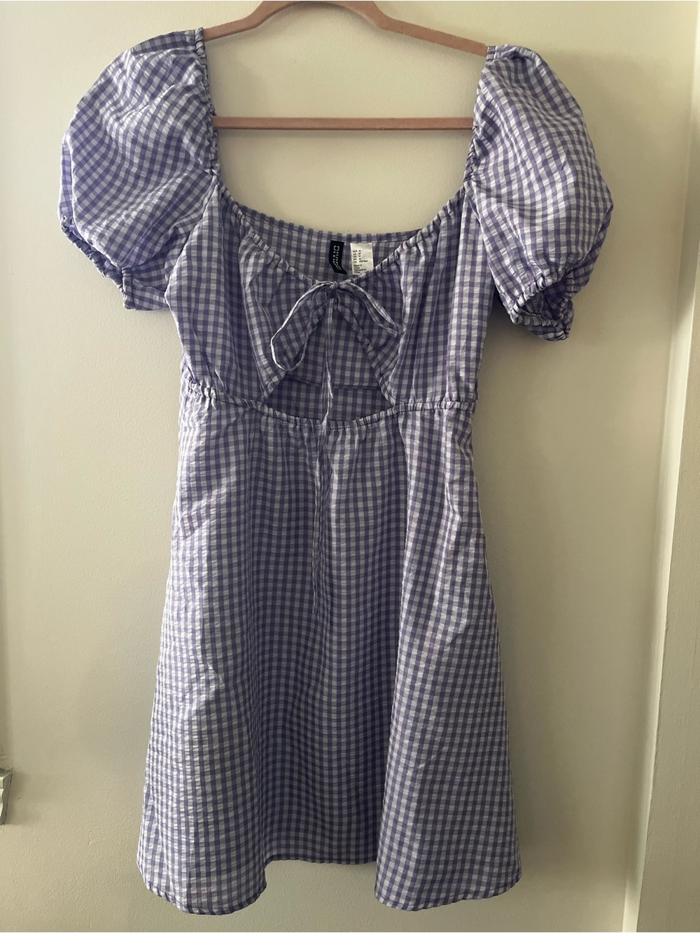 Divided Lilac Gingham Puff-Sleeve women Dress with Front Tie